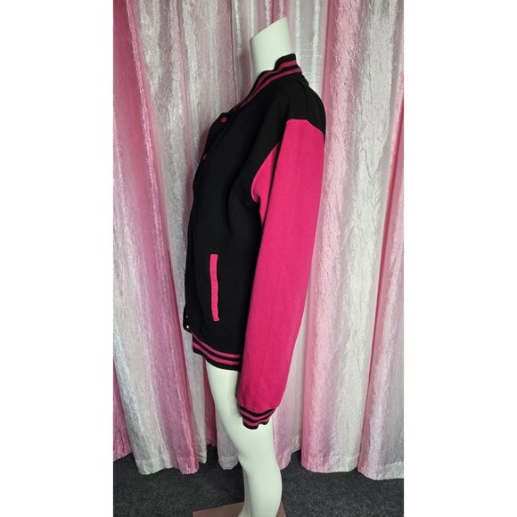 Just Hoods By AWD's  Heavyweight Pink & Black Baseball Jacket Size Large Unisex - Picture 4 of 10